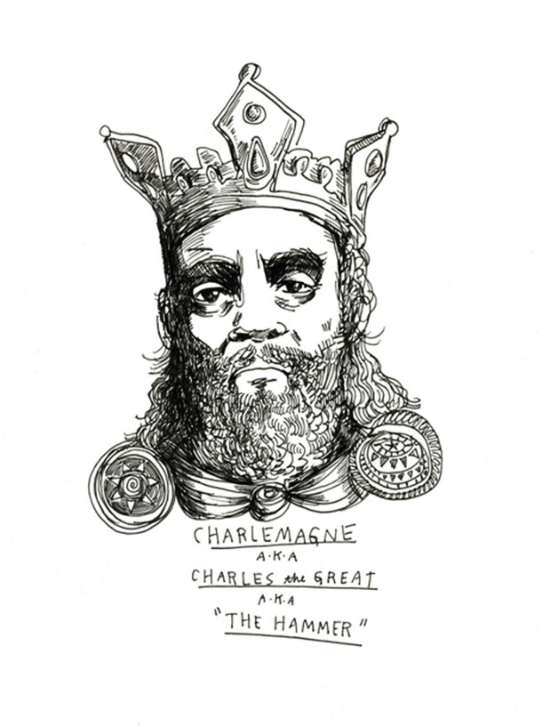 A drawing of Charlemange, King Charles, The Hammer, by Wendy MacNaughton.