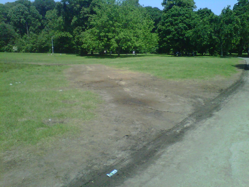 A few patches of brown grass remain a week after GoogaMooga festival vendors set up at this location near Nethermead in Brooklyn's Prospect Park.
