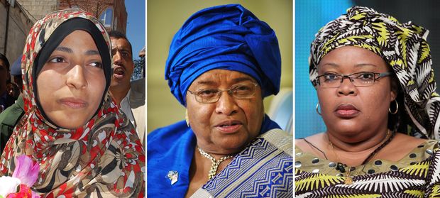 emen's Arab Spring activist Tawakkul Karman, Liberian President Ellen Johnson Sirleaf and Liberian 'peace warrior' Leymah Gbowee 