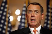 Speaker of the House U.S. Rep. John Boehner (R-OH) answers reporters' questions during a brief news conference on the payroll tax vote