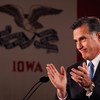 Republican presidential candidate, former Massachusetts Gov. Mitt Romney, speaks at the Hotel Fort Des Moines on the night of the Iowa Caucuses January 3, 2012 in Des Moines, Iowa.