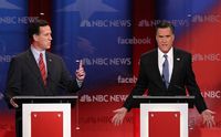 Republican presidential candidates, former U.S. Sen. Rick Santorum (L) and former Massachusetts Gov. Mitt Romney (R) participate during the NBC News Facebook Debate on 'Meet the Press' January 8, 2012