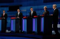 MYRTLE BEACH, SC - JANUARY 16: Republican presidential candidates (L-R) Texas Gov. Rick Perry, former U.S. Sen. Rick Santorum (R-PA), former Massachusetts Gov. Mitt Romney, former U.S. House Speaker N