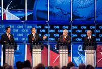 Republican presidential hopefuls Rick Santorum,  Mitt Romney, Newt Gingrich and Ron Paul participate in the CNN Southern Republican Leadership Conference Town Hall Debate in Charleston, SC