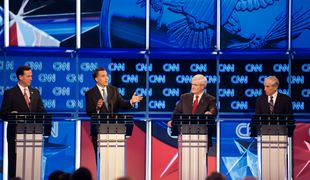 Republican presidential hopefuls Rick Santorum,  Mitt Romney, Newt Gingrich and Ron Paul participate in the CNN Southern Republican Leadership Conference Town Hall Debate in Charleston, SC