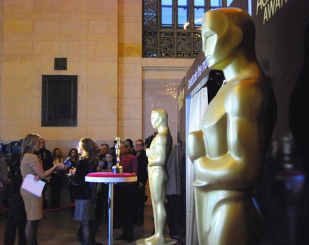 After opening the exhibit, Leo did interviews in front of the photo booth where members of the public can take hold of a real Oscar statuette and get a photo taken.