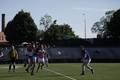 Players from the Cavan and Armagh teams scramble for possession of the ball.