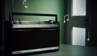 musical notes floating through the air, emanating from a radio