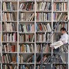 kid, books, bookshelf