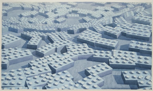 Los Carpinteros have long been obsessed with architectural forms. In this image, a tribute to one of the world's most basic building blocks — the Lego — in a watercolor from 2011.