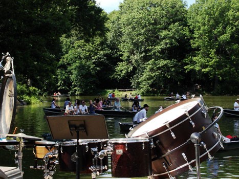 Overlooking drums and audience before the performance