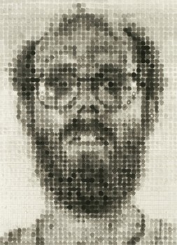 Chuck Close made this self-portrait, a spit-bite aquatint and soft-ground etching, in 1988.