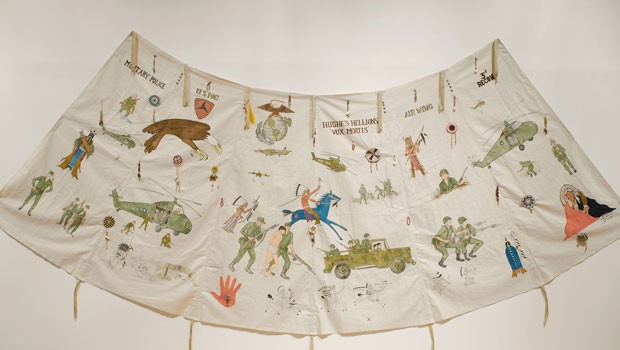 Pratt's Tipi Liner made of canvas, arcylic paint, textile paint, beads and metal studs. Pratt is a Cheyenne Chief and Police Forensic.
