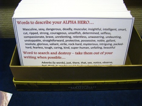 A notecard to help writers use good key words in describing their male heroes. The phrase 