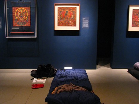 My deluxe apartment in the sky: After arriving at the museum, a docent showed me to my sleeping digs — before a 600-year old pigment-on-cloth rendering of a Tibetan Buddha.