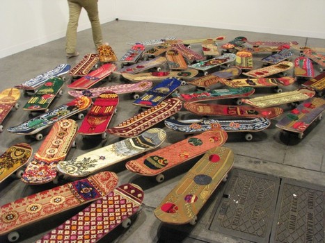 At NYC's Lombard Fried: Carpeted skateboards by Mounir Fatmi.