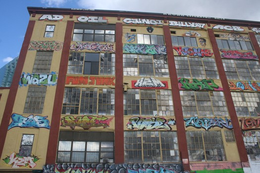 A view of the block-long building from Davis Street, Long Island City. 