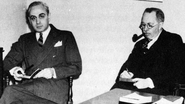 Co-founders Jack Hogan (Right) and Elliott Sanger listening to the WQXR hi-fidelity radio in 1943. WQXR became the first licensed FM station in New York City in November 1939.