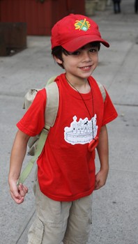 Kieran Srinivasan is all in red for his first day of Kindergarten. His parents have been coaching him on his teacher's name.