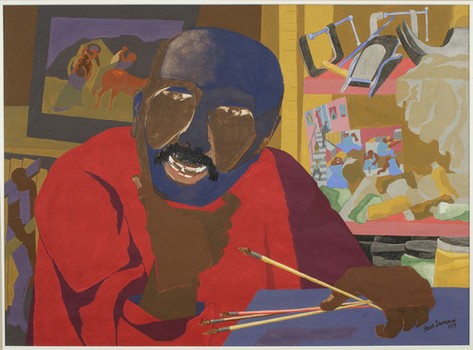 Jacob Lawrence painted his self-portrait with gouache and tempera on off-white wove paper in 1977.
