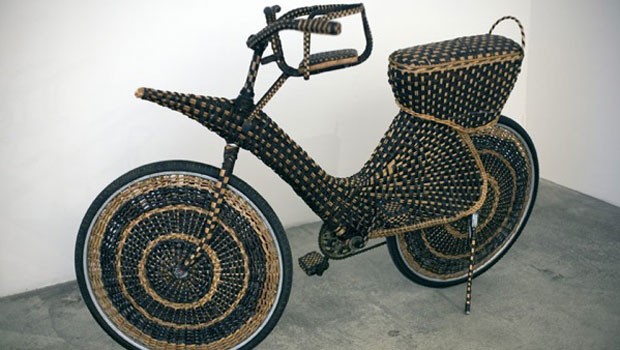 A tricked-out wicker bike is Jarbas Lopes's contribution to 'Law of the Jungle' at Lehmann Maupin.