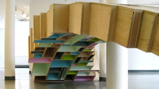 Louis Lim's project is a bridge made from plywood boxes that interacts with the architecture of the Cooper Union foundation building.