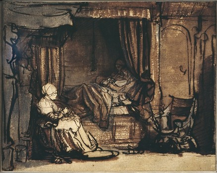 The exhibit at the Frick also contains delicate ink drawings on loan from the Lugt Collection in Paris — including 'Interior With Saskia in Bed,' drawn between 1640 and 1642.