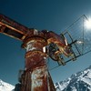 A radioastronomy instrument points into space like a giant death ray gun from a Flash Gordon movie. Seen at the Tien Shan Astronomical Observatory.