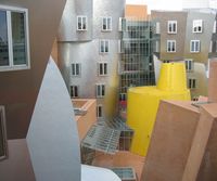 A window view from inside MIT's Stata Center, designed by Frank Gehry.