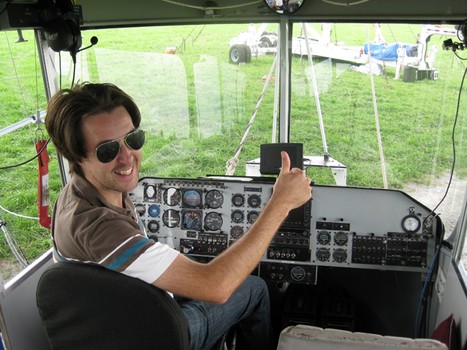 Nate Chura in the cockpit of the blimp.