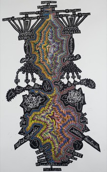 O'Connor creates his pieces on found scraps of paper, often letting the material dictate the terms of the piece. Above, 'Turing,' a drawing from 2010.