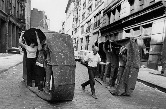 Exploring New York's performance art roots: The Paula Cooper Gallery is showing photographs chronicling the happenings of Fluxus founding member George Maciunas, shown here in 1973.