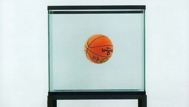 One Ball Total Equilibrium Tank, 1985. Glass, iron, water, and basketball, 64 1/2 x 30 1/2 x 13 1/4 in. The Dakis Joannou Collection, Athens