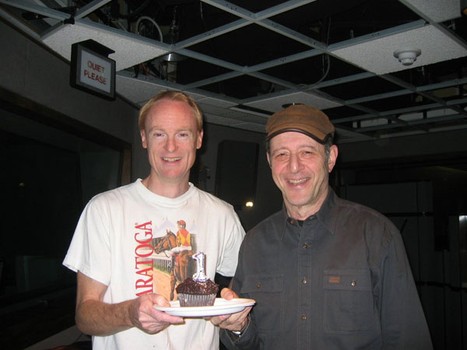 John Schaefer and composer Steve Reich celebrating Reich’s 70th birthday with one serious cupcake in 2006.