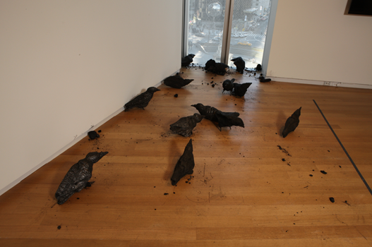 Murder, Maskull Lasserre, 2012 A flock, or murder, of crows made from burned maple, oak, ash, cedar, and basswood. 