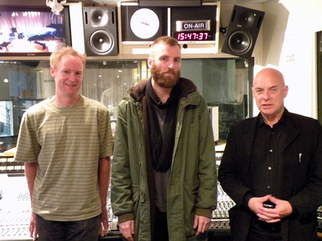 John Schaefer with composer Ben Frost and musician-producer Brian Eno in 2011