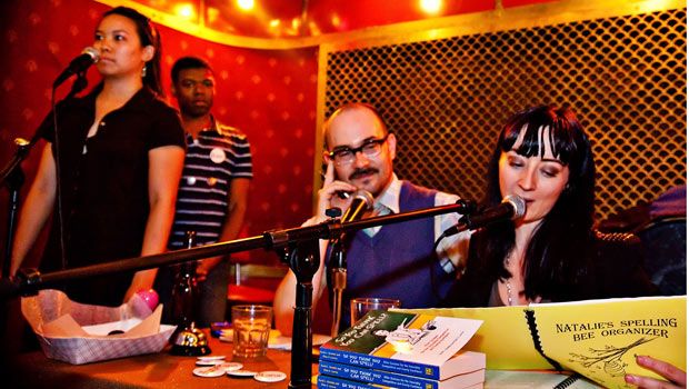 Spellers queue up as co-hosts bobbyblue and Jennifer Dziura host the Williamsburg Spelling Bee at Pete's Candy Store.  