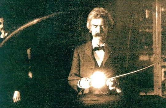 Mark Twain in the lab of Nikola Tesla, spring of 1894.