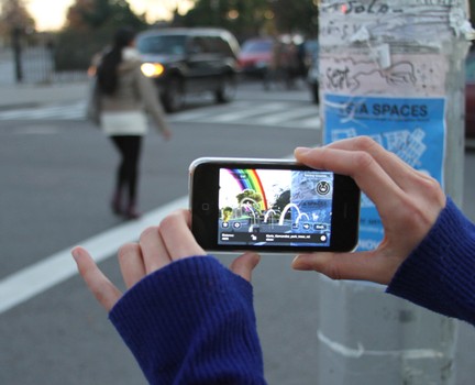 For the Beta Spaces festival in Brooklyn, artist Mark Skwarek led a team of artists in creating an augmented reality app for viewing the city. Above, his piece, 'Unicorn Park.'