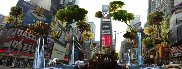 A view of Skwarek's augmented vision of Times Square. Because any New York City neighborhood is made instantly better with the addition of unicorns. Seriously.