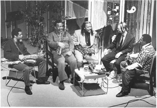 John Schaefer (second from right) interviewing members of the World Saxaphone Quartet during New Sounds Live at Merkin Concert Hall, January 21, 1990