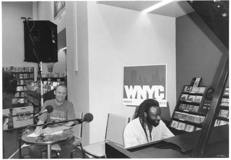 John Schaefer and Awagin Pratt on the air at Tower Records, November 1996