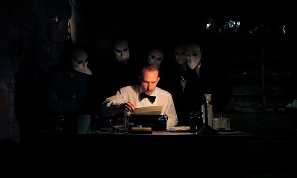 One of the found objects: an old school manual typewriter. Here, castmember Matthew Oaks gets ready to use it in a scene.