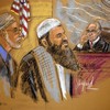 Courtroom drawing of Defense Attorney Ron Kuby (L), Ahmad Wais Afzali (C) and Judge Block (R)