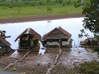 Houses floating on the Amazon River in Peru