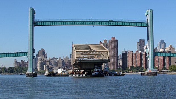 Barge passing under the 55-foot 103rd Street footbridge