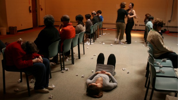 During some parts of the performance, it feels like you are sightless and on the subway overhearing others' conversations. Or, you feel a dancer playing a dog licking your hand or humping your leg.