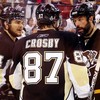 Sidney Crosby, Bil Guerin and Chris Kunitz huddle before an offensive zone faceoff during the third period of the Pittsburgh Penguins 2009 Stanley Cup Finals game 6 against the Detroit Red Wings.