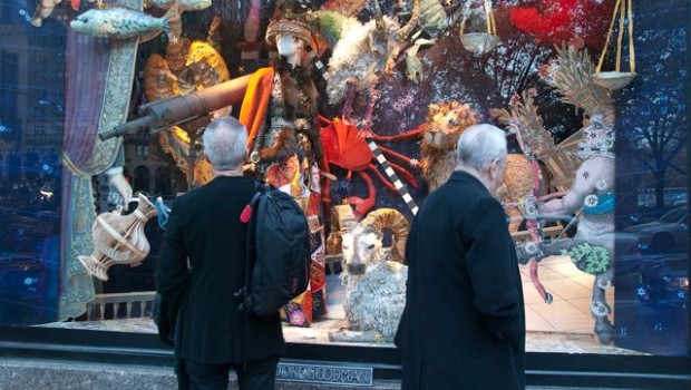 Two gents pause to check out Bergdorf Goodman's holiday windows.