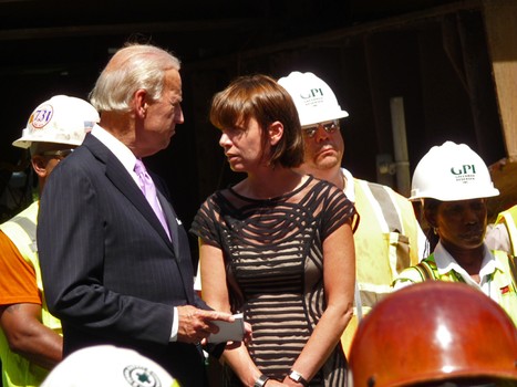 Transportation Commissioner Janette Sadik-Khan and Vice President Joe Biden say federal stimulus funds will eventually create 150 construction jobs.